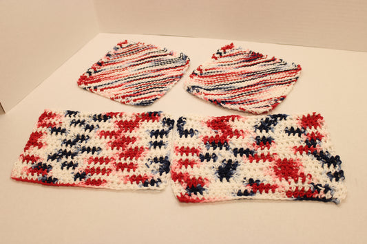 set of 4 red white and blue cotton dishcloths